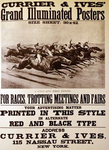 Currier & Ives Ilustração do século XIX. Grandes cartazes iluminados para corridas, reuniões de trote e feiras